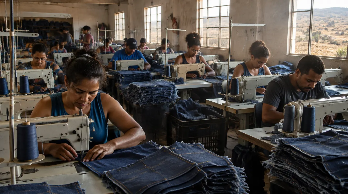 Costureiras trabalhando com jeans numa facção