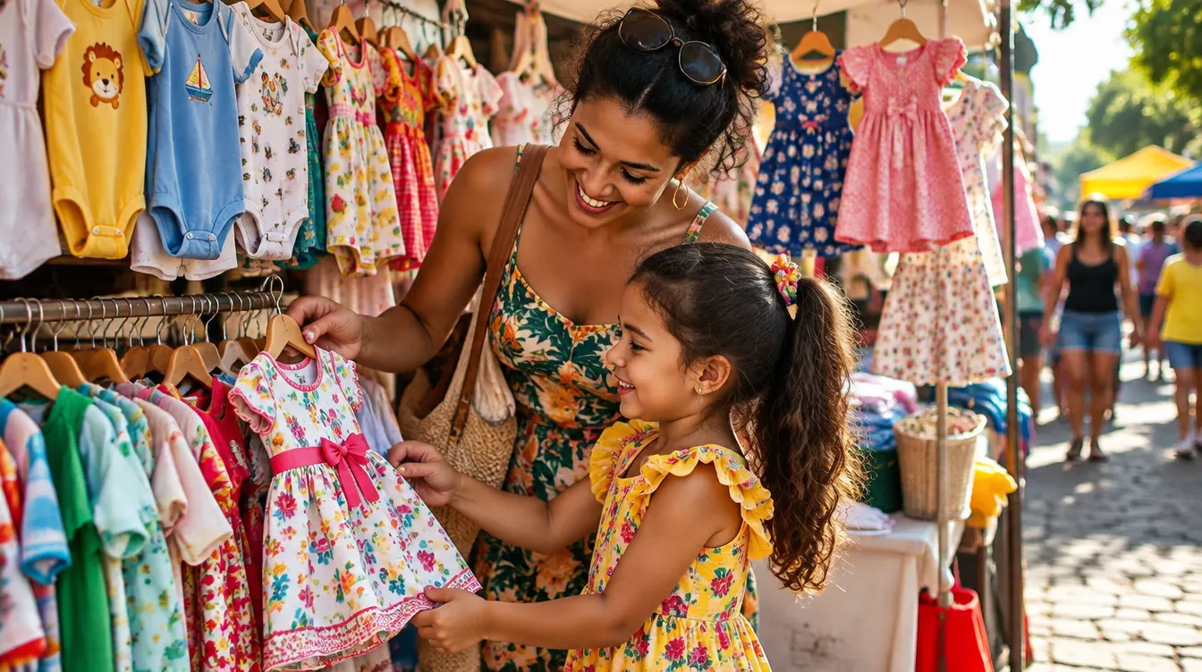 Mãe e filha escolhendo roupa infantil na feira