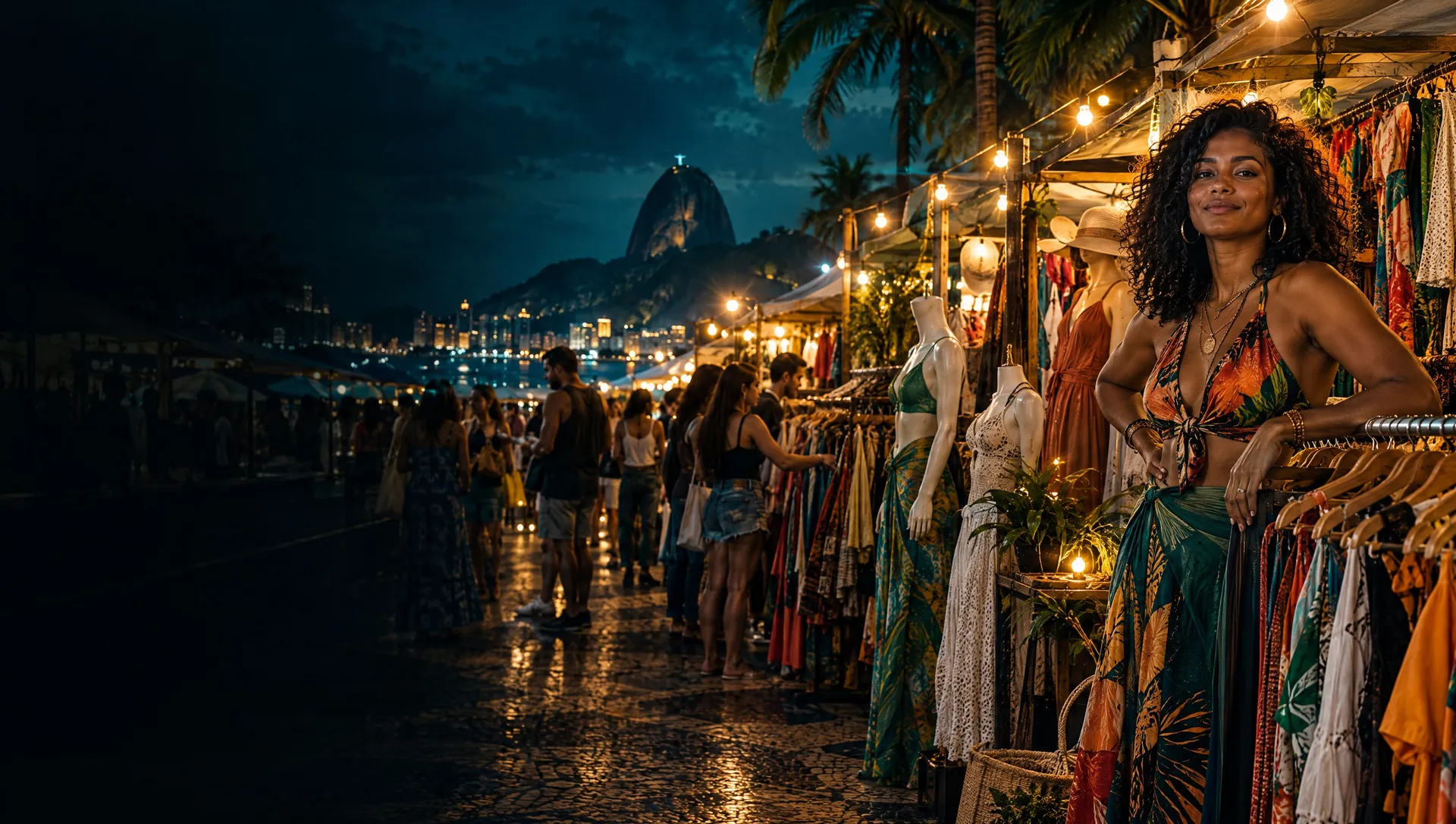 Expositora de braços cruzados na frente da sua banca de roupas numa feira à noite no Rio de Janeiro